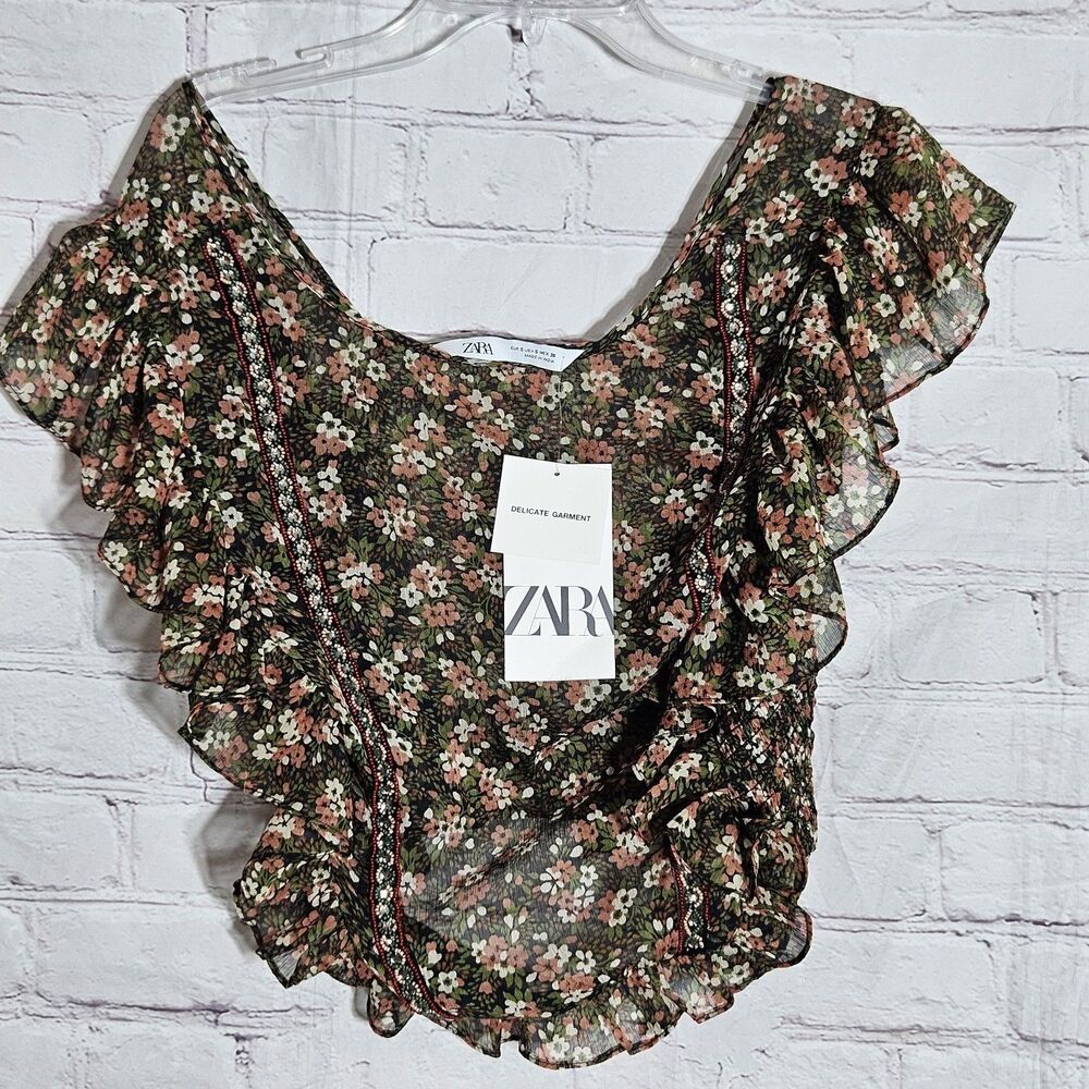 NWT Zara Womens Size S Sheer Beaded Floral Ruffled Top Ref 7521/051